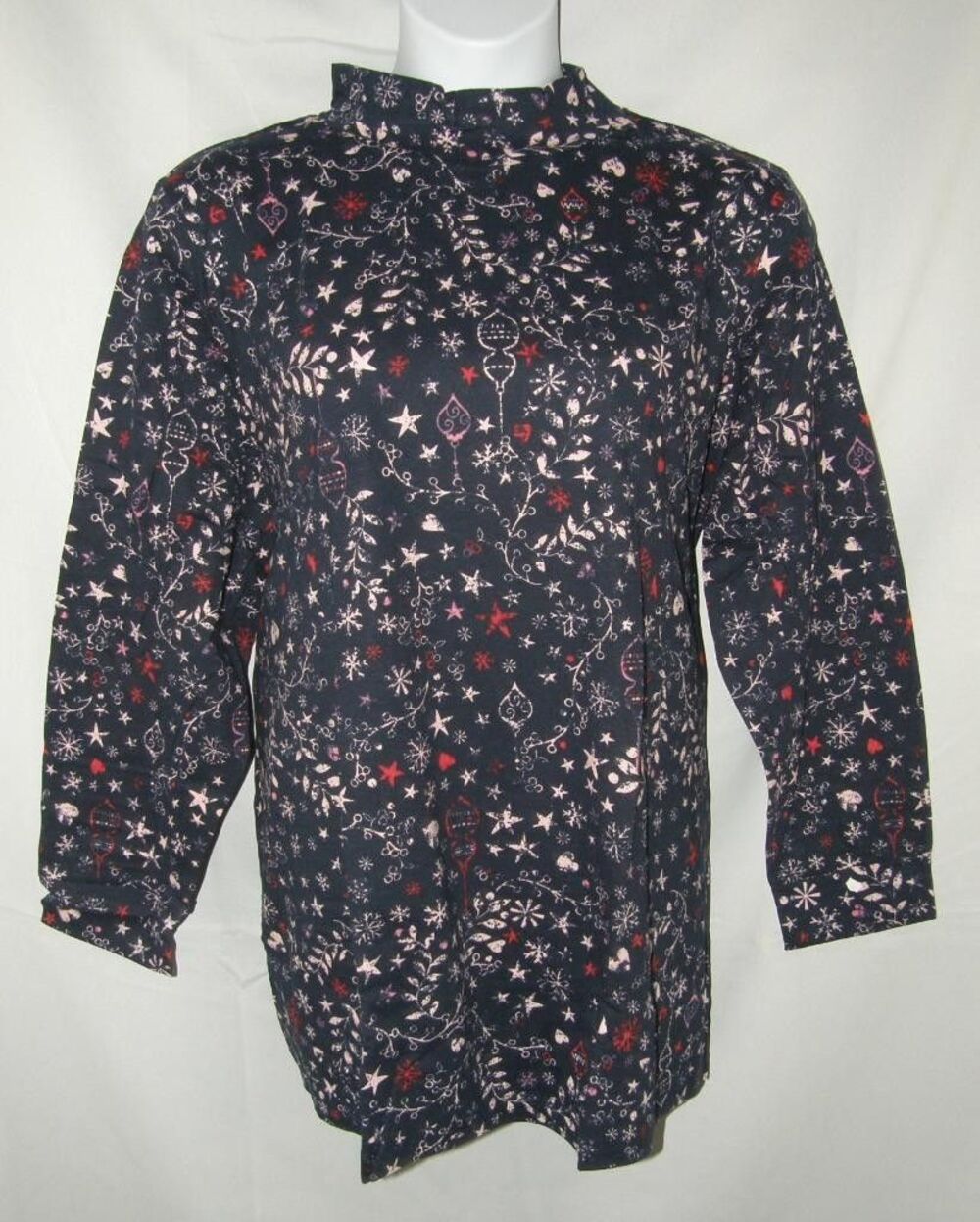 WOMAN WITHIN Christmas Print Plus Sz 30/32 Cotton Mock Neck Holiday Shirt NEW